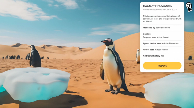 An image of penguins in a desert with a text box indicating that some of the content in the image is AI generated