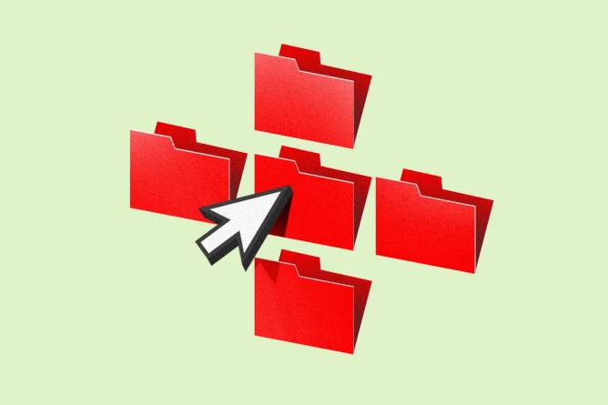 Red folders in the shape of a hospital cross with a mouse pointer