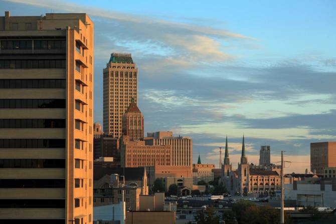 View of the Tulsa skyline at sunset.