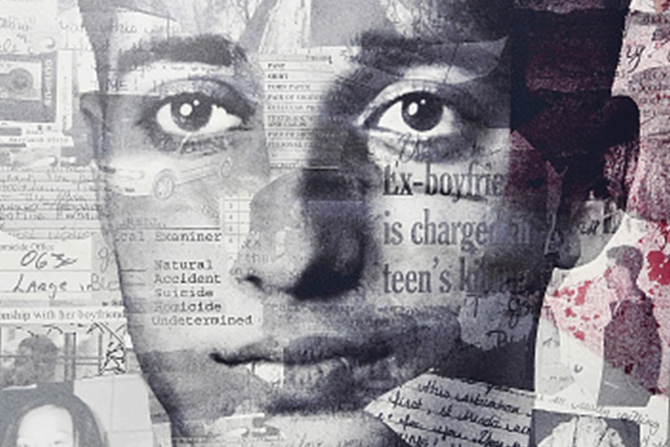A picture of a young Adnan Syed with news articles about the murder case superimposed