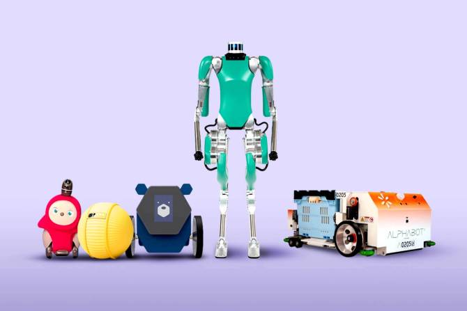 Five robots side-by-side. From left to right: Lovot, Ballie, Rollbot, Digit, Alphabot