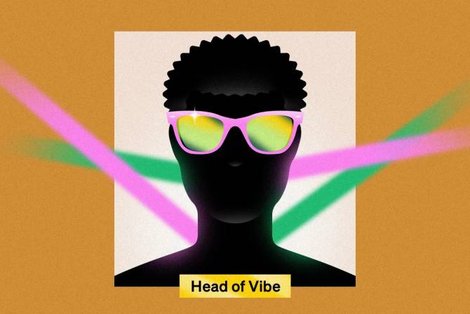 image of a black figure with glasses in front of colorful streamers on a brown background with the title card "head of vibe" in front of the figure