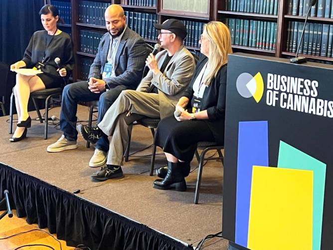 Ronit Pinto, Vladimir Bautista, Jeffrey Hoffman, and Ariel Palitz sit onstage at the Business of Cannabis conference