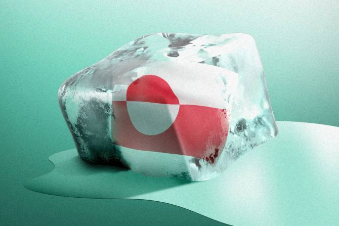 Melting ice cube with Greenland's flag in it