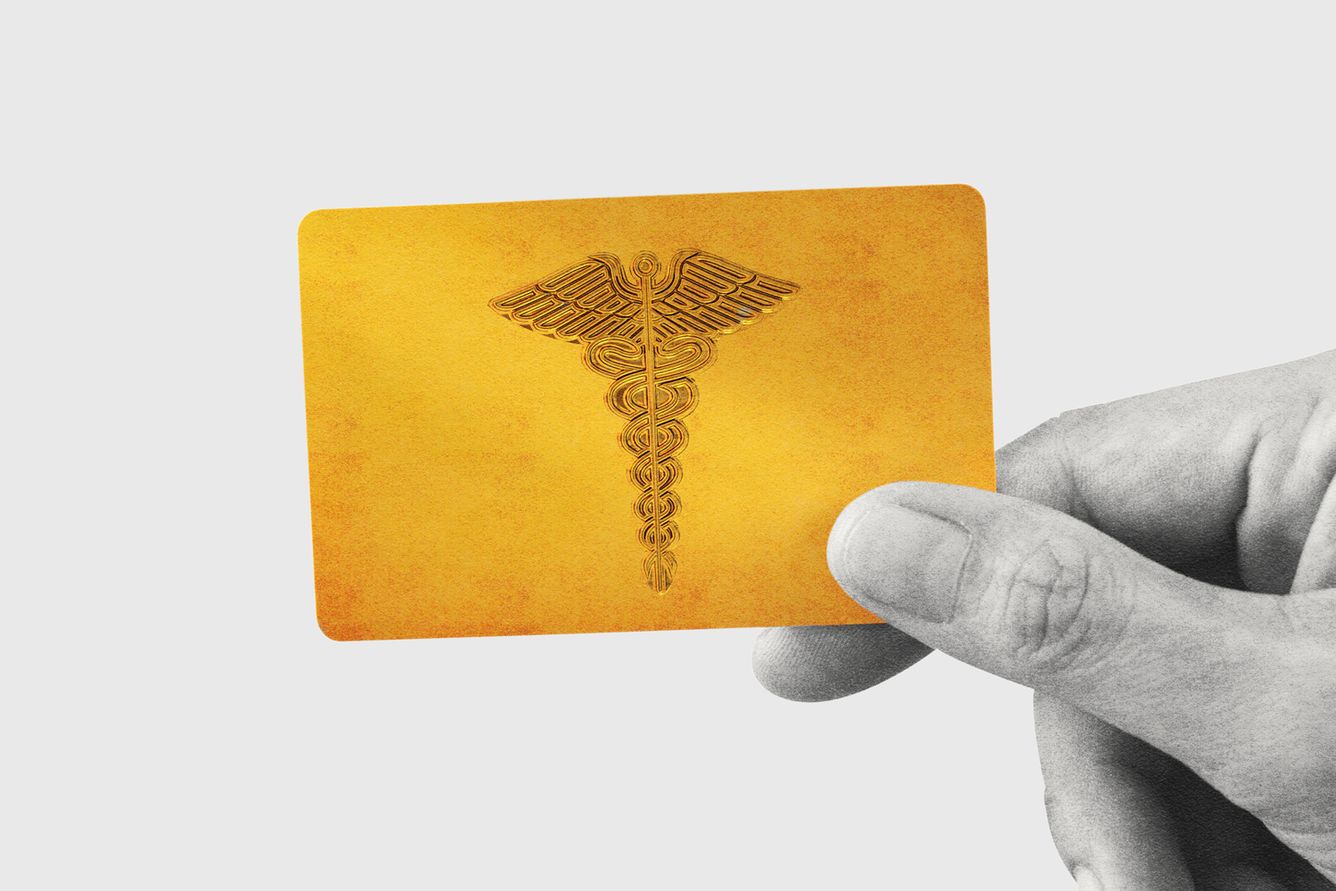 Caduceus, Healthcare medical symbol on gold card.