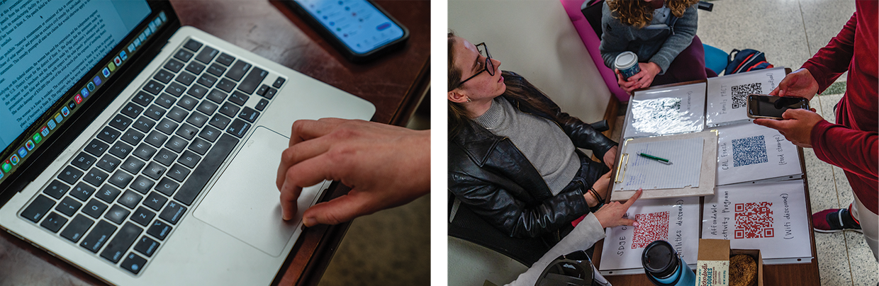 A side-by-side of two photos: one of a closeup on a woman's hands working on a laptop and the other showing people sitting and standing around a table in a hallway