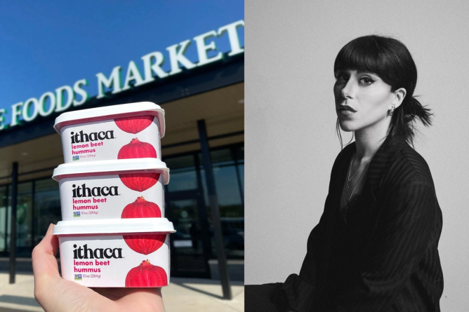 on the left, an image of Ithata Hummus containers in front of a Whole Foots Market; on the right, a black-and-white image of Ithaca Hummus's fractional CMO, Alyssa Bonanno
