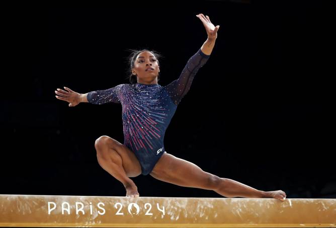 Simone Biles performs during the 2024 Olympics in Paris.