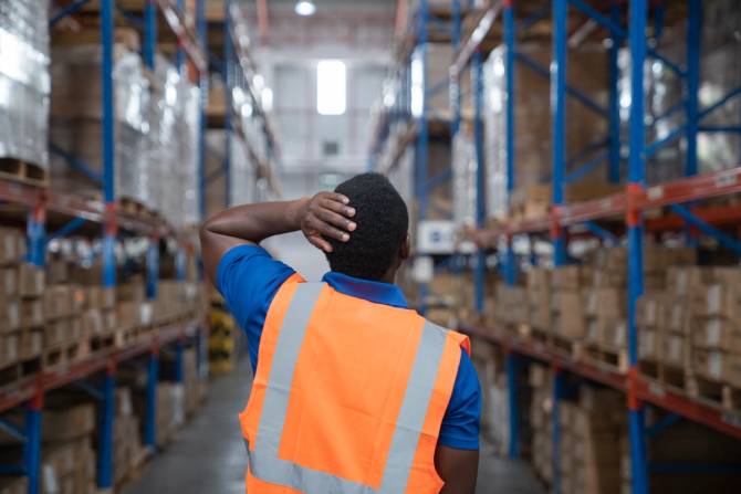 Warehouse worker with hand on his head