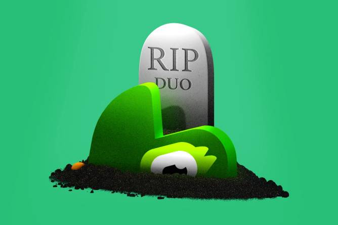 Duolingo's mascot Duo, the owl, coming out of the ground in front of its tombstone. Credit: Anna Kim