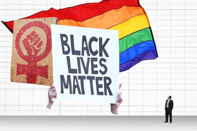 Pride flag, hands holding Black Lives Matter sign