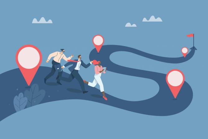 business people walking on a windy path towards progress