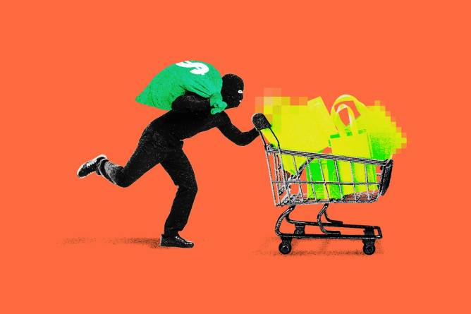 An illustration of a thief with a bunch of online shopping bags