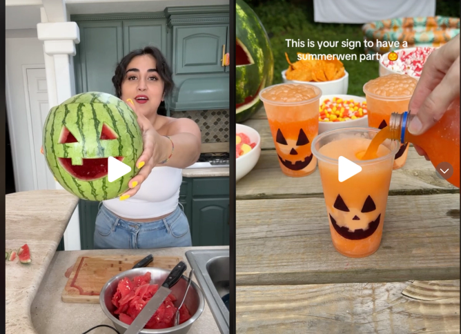 Stills from TikTok users of jack-o-lantern made from a watermelon and a drink with orange soda and ice cream, both suggestions for Summerween celebrations. 