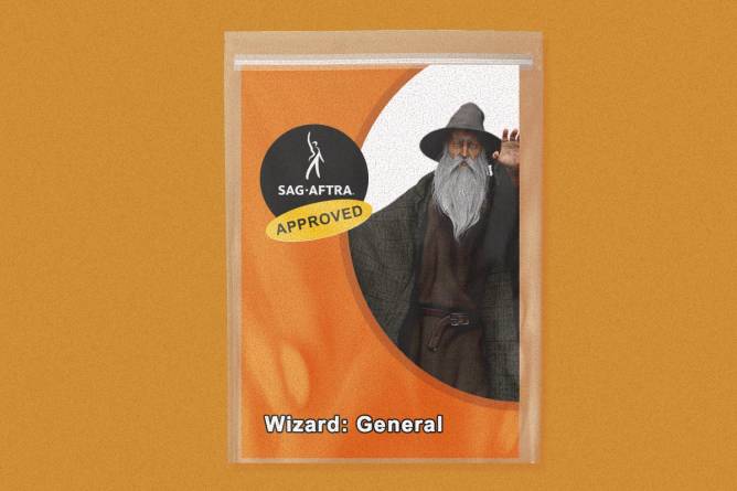 Halloween costume bag with a picture of a wizard on it and the bag reads “Wizard: General”. There’s a sticker on the package that says “SAG-AFTRA APPROVED!”