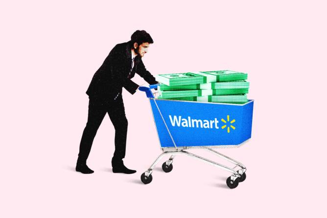 Graphic of a Walmart employee pushing a shopping cart full of money