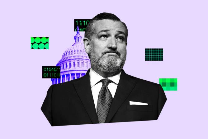 Ted Cruz surrounded by AI elements and Capitol Hill.