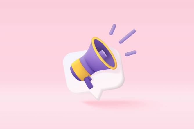 Image of a voice bubble behind a megaphone on a pink background.