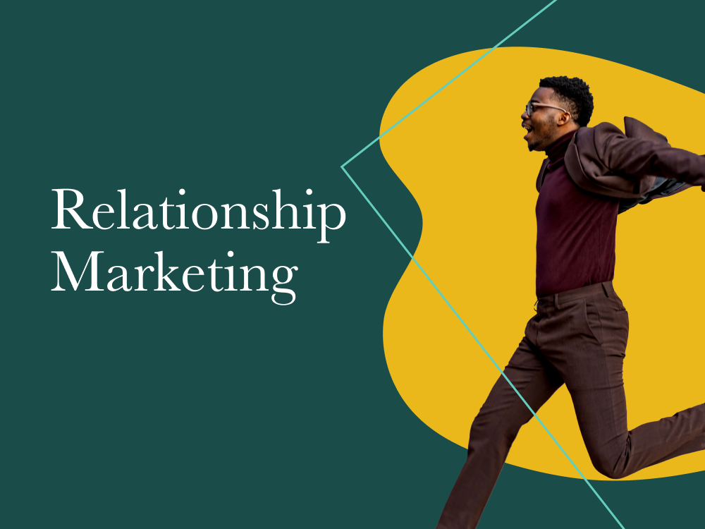 Relationship Marketing text graphic with man jumping in joy next to the text