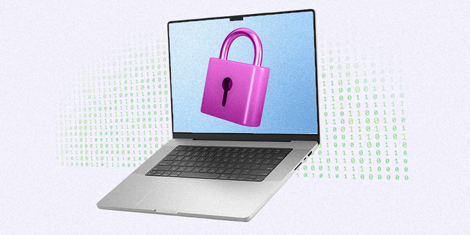 A laptop displaying a purple padlock on screen in front of green binary code