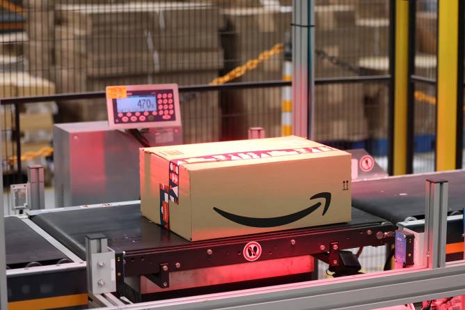 Amazon box on conveyer belt
