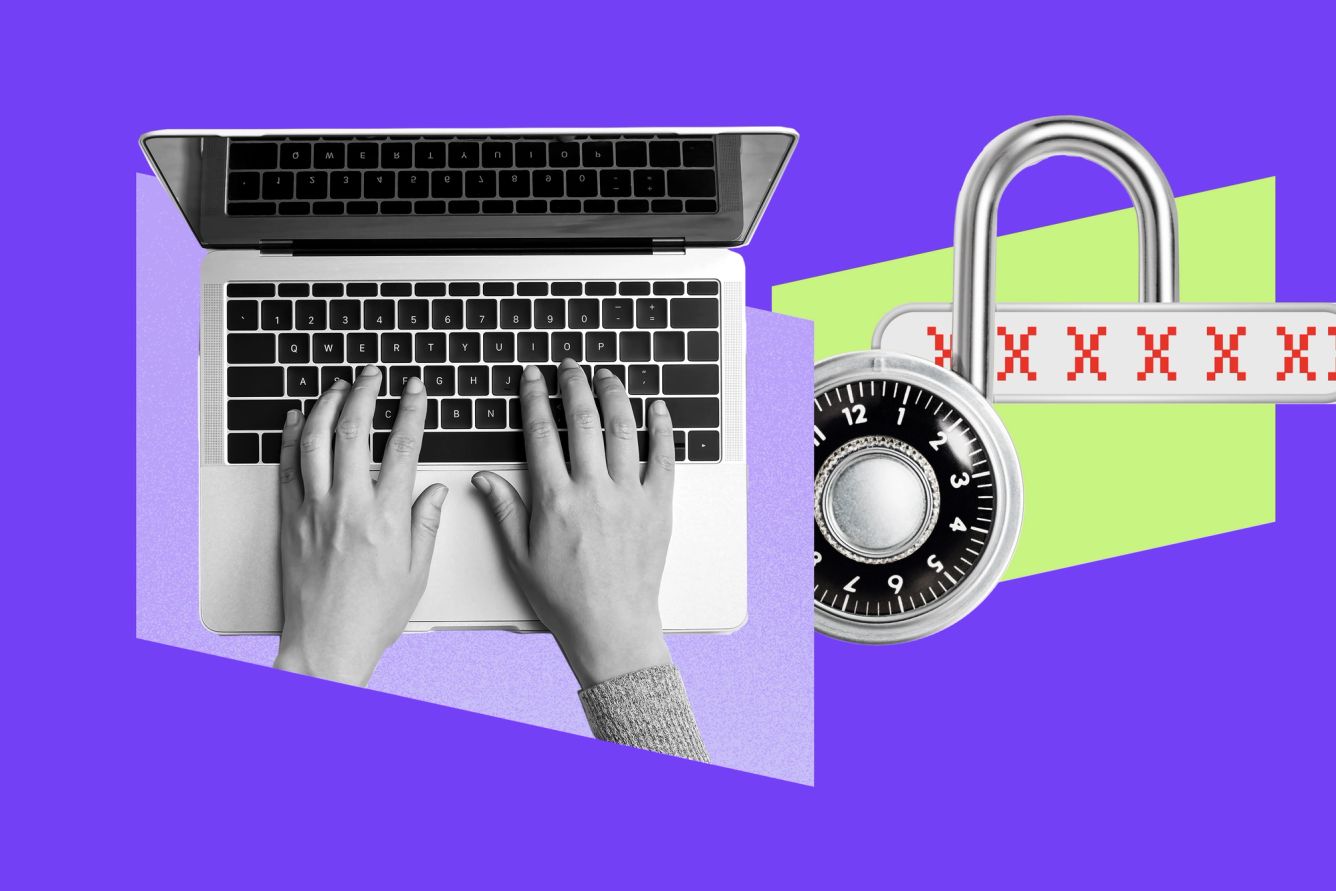 Office workers at a desk and floating passwords and medical symbols in between two large-scaled lock icons. Credit: Illustration: Anna Kim, Photos: Adobe Stock