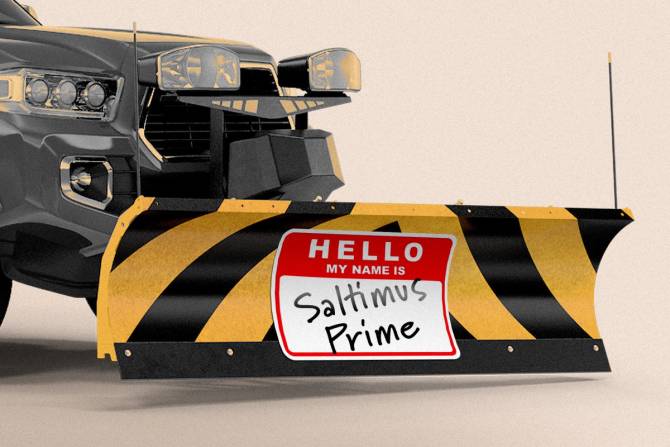 An image of a snowplow wearing a name tag labeled Saltimus Prime