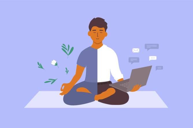 a illustration of a man who is meditating and working