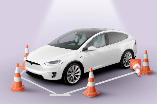 An illustration of a parked Tesla surrounded by traffic cones.