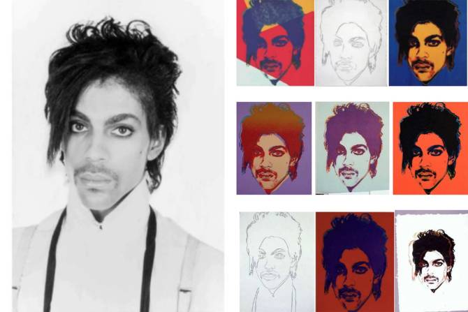 Lynn Goldsmith's photo of Prince next to Andy Warhol's prints