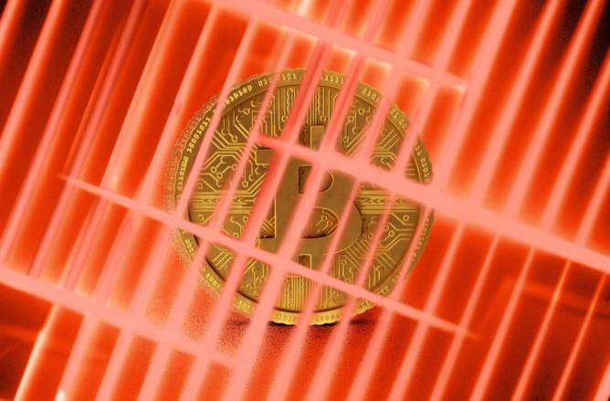 A bitcoin in jail behind glowing red bars.