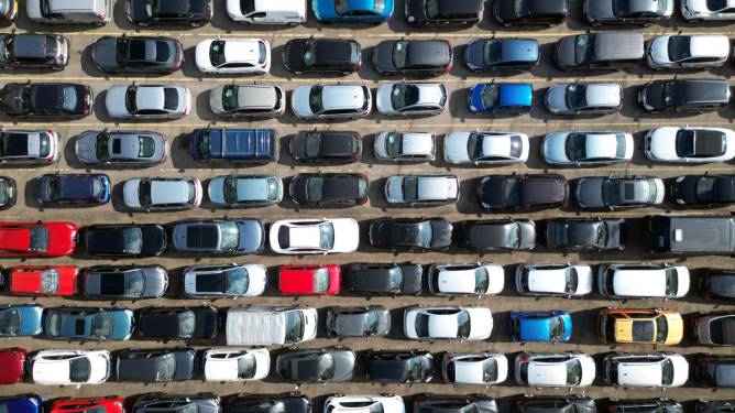 Aerial view of a car lot.