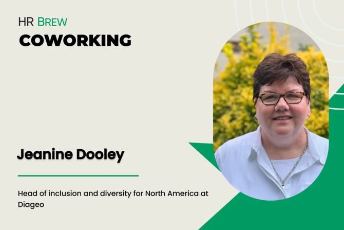 tan postcard style image. On the left says: HR Brew Coworking; Jeanine Dooley; head of inclusion and diversity for North America at Diageo; on the right is an oval close up image of a woman with short brown hair and glasses, wearing a white collared shirt