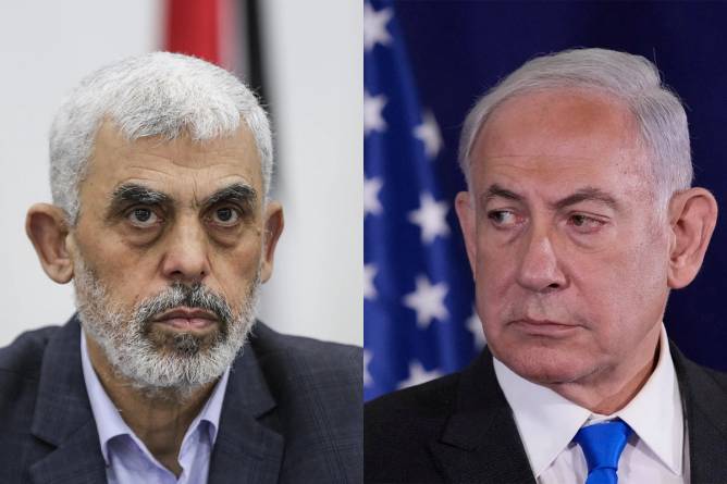 An image of Hamas leader Yahya Sinwar and an image of Israeli Prime Minister Benjamin Netanyahu