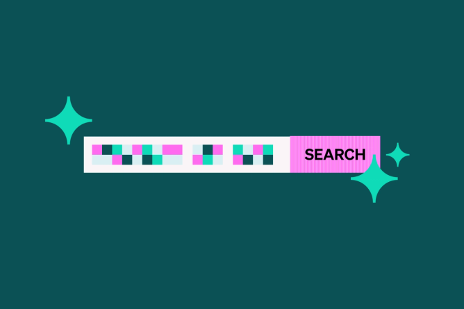 A search bar with colorful digital squares filling it up with AI stars surrounding it