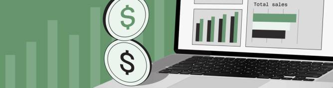 An open laptop revealing sales graphs, stacked coins, profit.