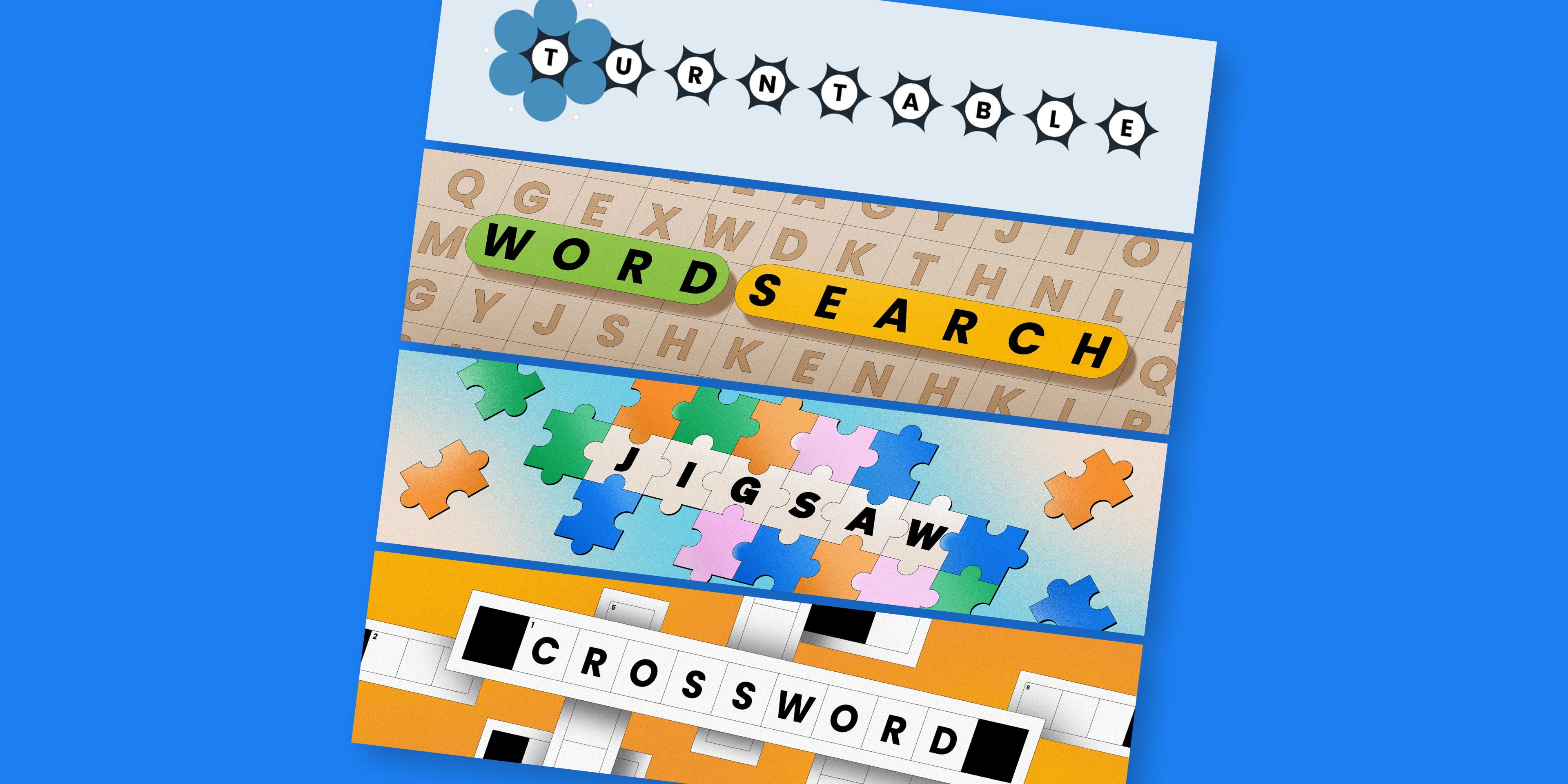 A collage of Morning Brew word games graphics including Turntable, Word Search, Jigsaw, and Brew Crossword