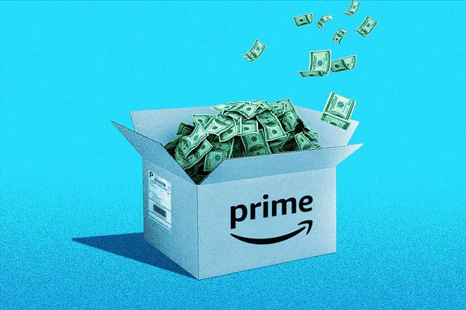 An Amazon-branded box filled with cash in front of a blue background