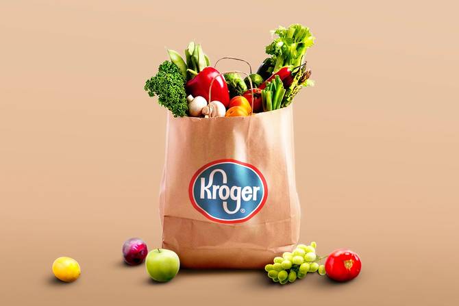 A Kroger bag filled with groceries