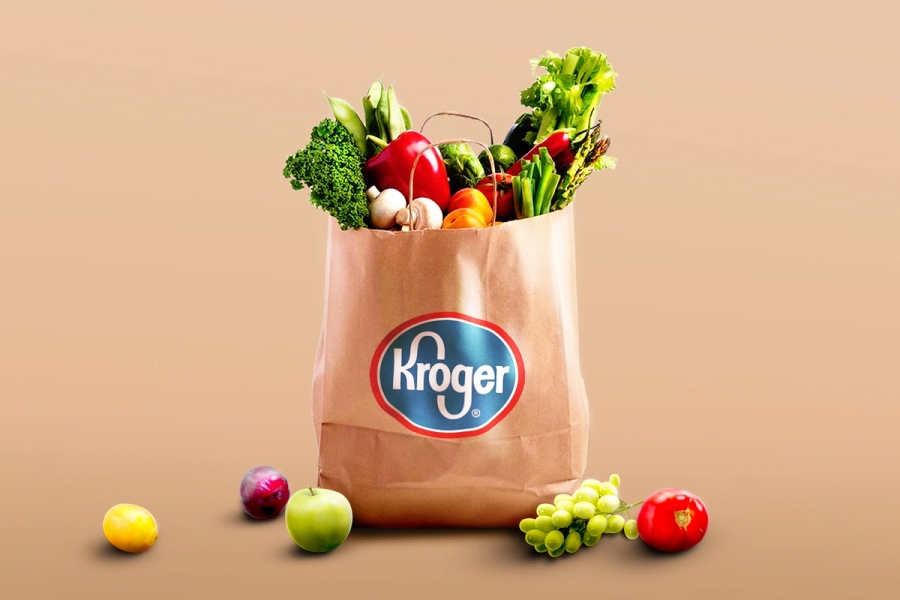 A Kroger bag filled with groceries