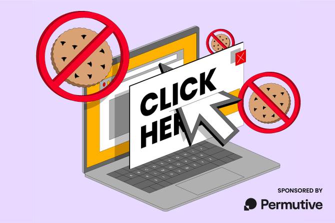 A computer with the words "Click here" in front it + cookies with the "no" symbol on them