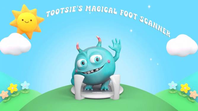 An illustration of Tootsie, a friendly monster who appears on the screen of a Aetrex's 3D foot scanning device to guide children when their feet are being measured. 