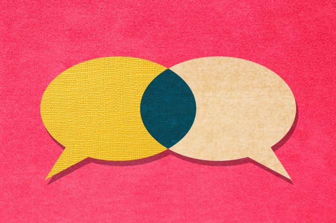 Two different shaped speech bubbles with a shared area between them. Composite image of photographic textures and drawn elements
