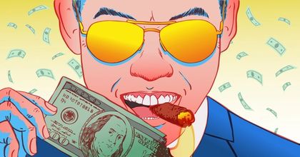 Animation of a person in mirrored aviator sunglasses with a cigar in their mouth holding up a $100 bill on fire