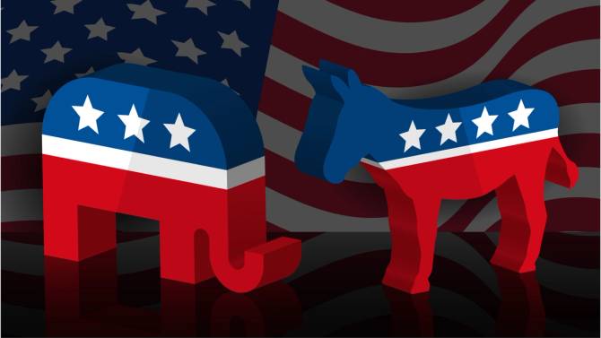 Elephant and donkey against an American flag