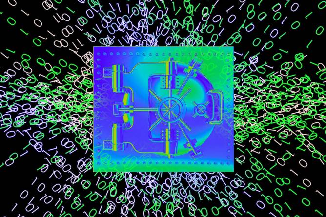 Illustration of a bank vault surrounded by ones and zeroes.