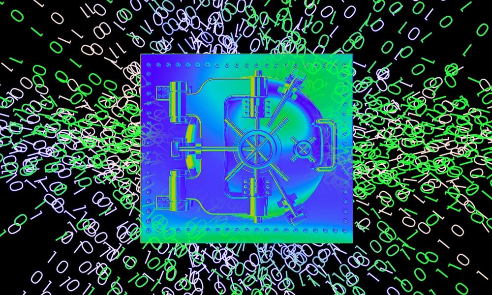 Illustration of a bank vault surrounded by ones and zeroes.