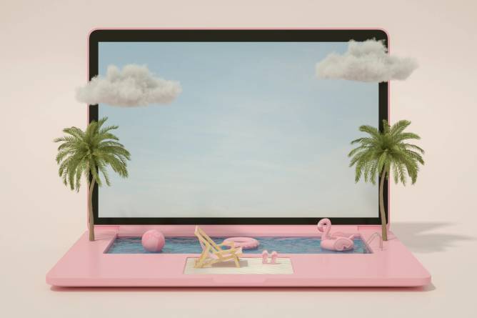 Palm trees and a pool emerging from a computer screen 