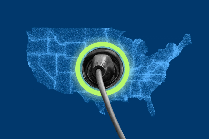 A map of the US lit up by the electric grid with an EV charger plugged into the center of the map