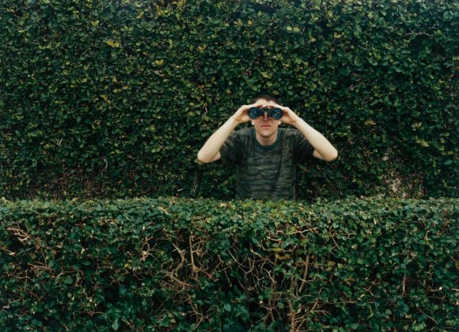 Image of a man in bushes using binoculars.